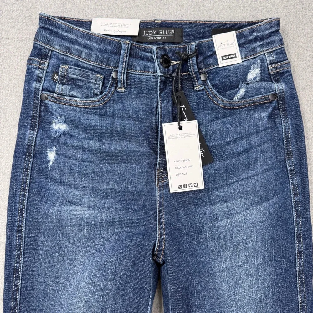 Judy Blue High Rise Control Top Distressed Flare Jeans Womens 1/25 Dark Blue NWT